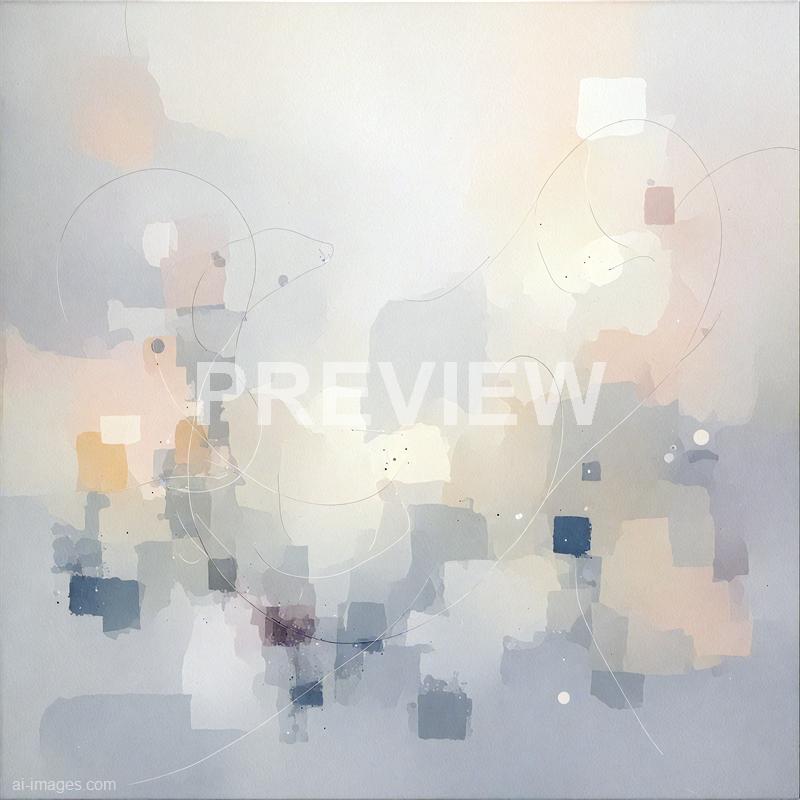 The image features an abstract watercolor composition with soft, muted pastel tones, primarily consisting of light pinks, blues, and grays. There are scattered rectangular and square shapes along with delicate, thin, curved lines that intersect and loop around the shapes, creating a sense of gentle movement across the canvas. The overall effect is airy and minimalistic, evoking a calm and serene atmosphere.